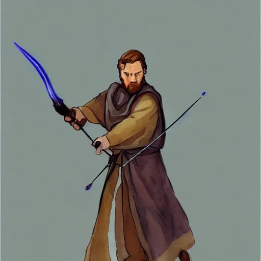 Prompt: Obi Wan Kenobi as a dungeons and dragons character with a bow and arrow, watercolor, trending on artstation