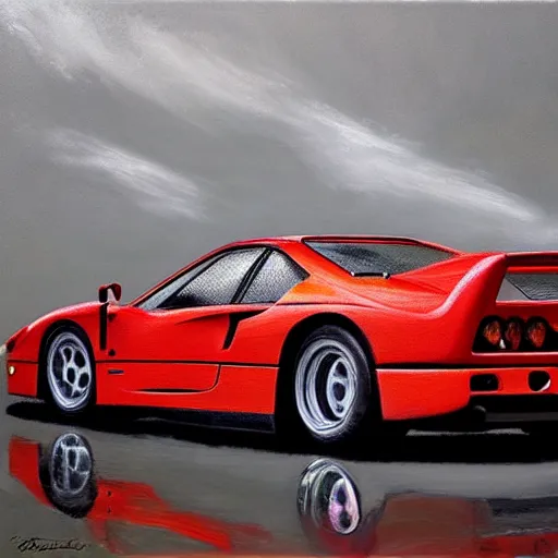 Prompt: ultra realistic portrait painting of a ferrari f 4 0, art by frank frazetta, 4 k, ultra realistic, highly detailed, epic lighting