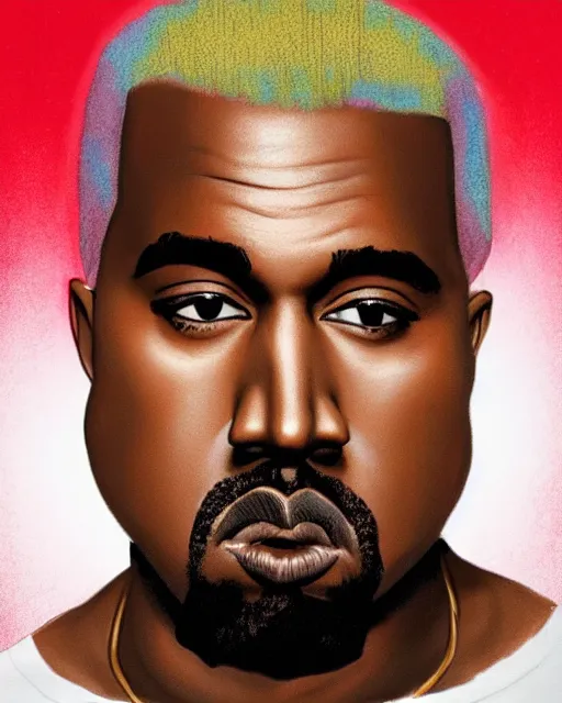 Image similar to kanye west dyed blonde hair 2 0 1 8, airbrush, drew struzan illustration art, key art, movie poster