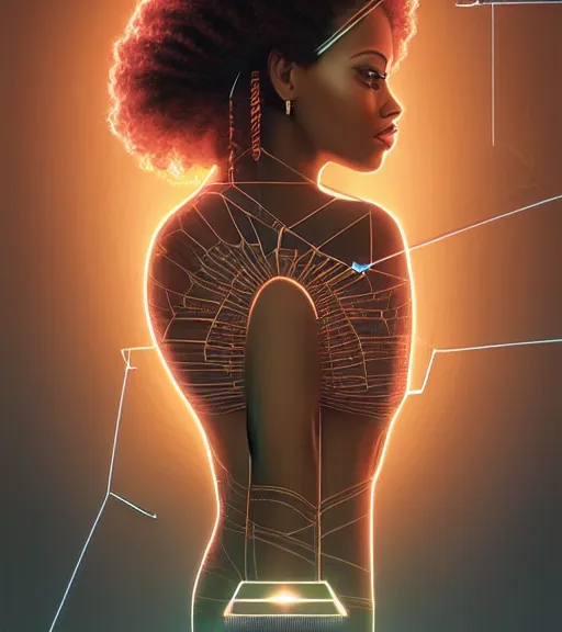 Image similar to symmetry!! egyptian princess of technology, solid cube of light, hard edges, product render retro - futuristic poster scifi, lasers and neon circuits, beautiful brown skin woman egyptian princess, intricate, elegant, highly detailed, digital painting, artstation, concept art, smooth, sharp focus, illustration, dreamlike, art by artgerm