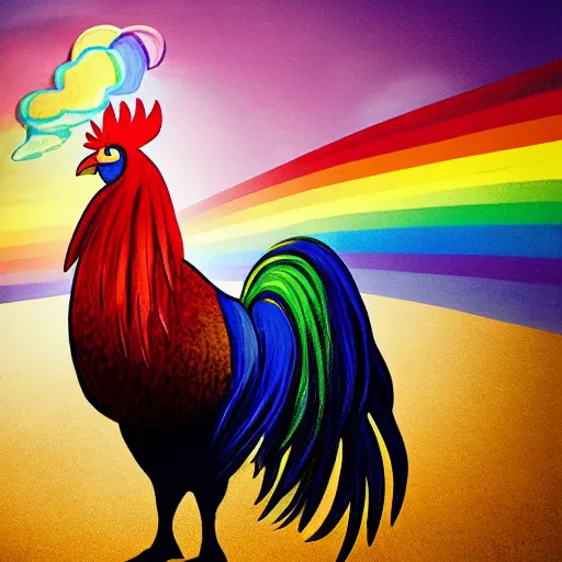 Image similar to a rooster wearing a fedora, standing on a unicorn, at the beach with a rainbow in the sky, hyperrealism