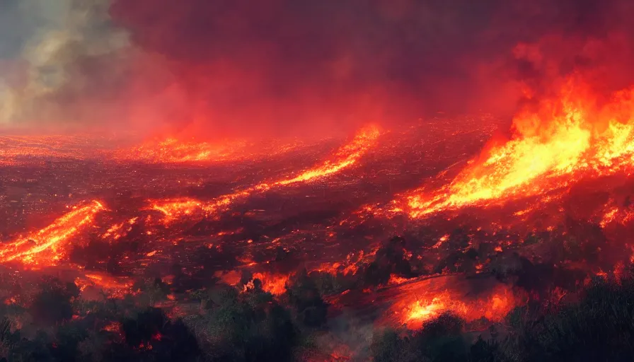 Image similar to wide view from a hill of los angeles on fire with smoke columns, hyperdetailed, artstation, cgsociety, 8 k