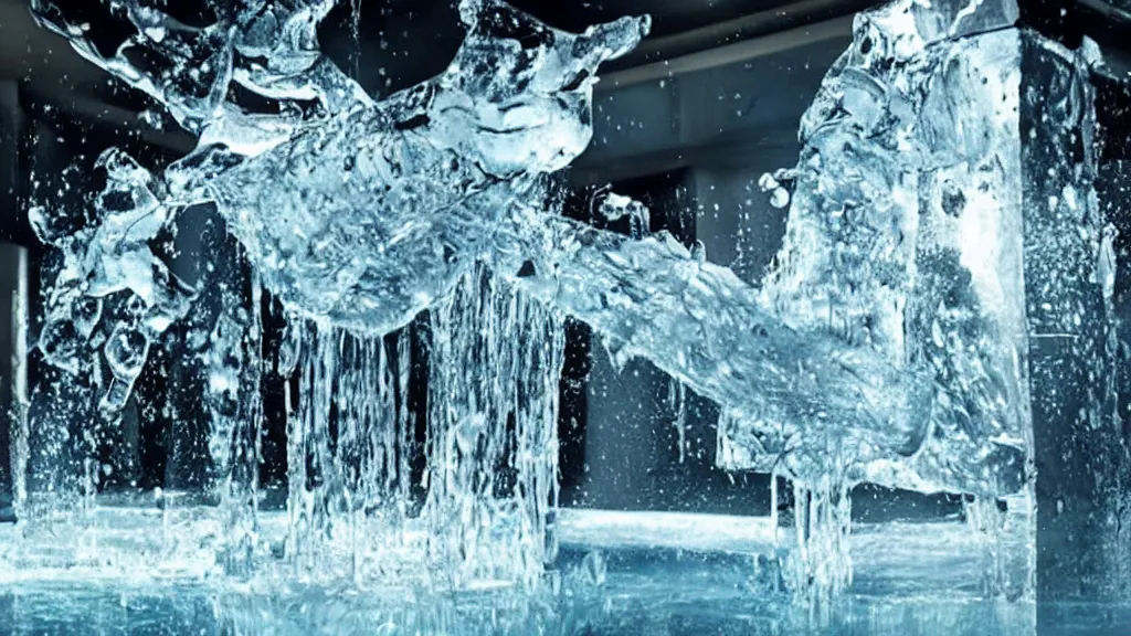 Image similar to a giant hand made of water and ice rampages through the living room, film still from the movie directed by Denis Villeneuve with art direction by Salvador Dalí, wide lens