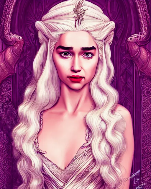 Prompt: closeup portrait beautiful seductive daenerys targaryen with long blonde windblown hair in an ornate royal dress, standing on a street in chinatown, pink lipstick, glamour pose, detailed illustration, digital art, trending on artstation, arney freytag, frank miller, moebius, graffiti, gta v,