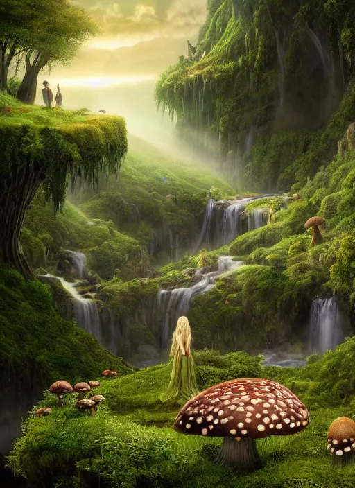 Image similar to an elegant fairy sitting and looking out at a lord of the rings scenery landscape, vast lush valley flowers and giant mushroom structures, stream, sunrise, god's rays highly detailed, vivid color, cinematic lighting, perfect composition, 8 k, gustave dore, derek zabrocki, greg rutkowski, belsinski, octane render