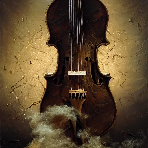 Image similar to bold simple lifelike humanoid baroque oil painting of close view of an ornate gothic violin interior with gold spidery embellishments, night, smoke, ground fog, by peter mohrbacher, by frank frazetta, by alan lee, john howe, da vinci, large depth of field, super detailed, digital art, trending on artstation, ornate