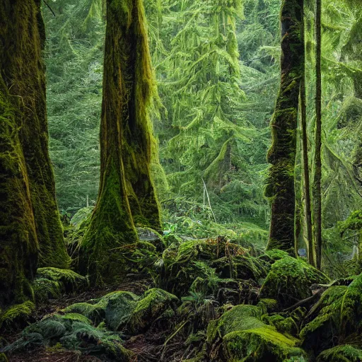 Prompt: photograph of temperate rainforest, Leica M9, depth of field