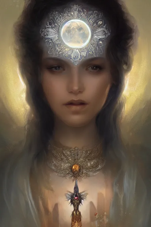 Image similar to A beautiful digital painting of a female Seraphim full of jewels, princess, the moon behind her, intricate, cinematic lighting, highly detailed, digital painting, Artstation, concept art, smooth, sharp focus, illustration, art by Tom Bagshaw, Artgerm and Greg Rutkowski