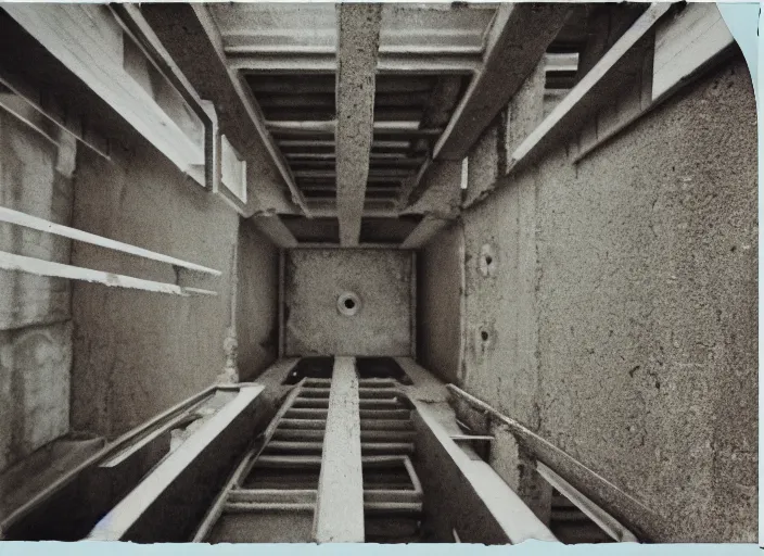 Image similar to looking down into the inside of an empty concrete tower, foggy, megalophobia, old polaroid, expired film,