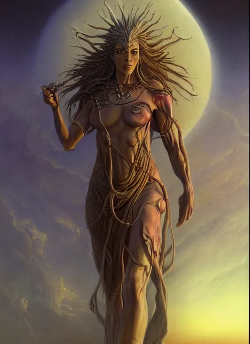 Prompt: biblical beautiful female druid android, shiva, storm, glowing veins, in clouds, sunset, portrait by wayne barlowe, by peter elson, muted colors, by frank frazetta, extreme detail, reflections, trending on artstation, 8 k