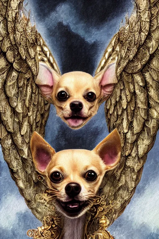 Prompt: God had dog Chihuahua's head, a radiant halo and wings, detailed face, gorgeous, flowing hair, very muscular male body, partial anatomy, stormy and grand war scene, delicate and intricate borders for decoration, caesar victorious, proud Emperor, split lighting, character close-up, intricate, highly detailed, 8K, digital painting, fantasy, concept art, sharp focus, art by greg rutkowski beeple and alphonse mucha