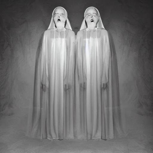 Image similar to nightmare vision, black and white, award winning photo, levitating twin nuns, wearing translucent sheet, in a sanctuary, eerie, frightening —width 1024 —height 1024