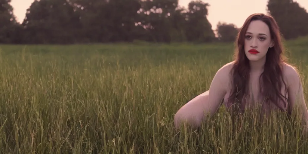 Prompt: Cinematic cinematography close up shot movie still frame on 14mm lens from Terrence Malick film of Kat Dennings sitting in beautiful field of long grass at magic hour beautiful gorgeous lighting, 70mm film