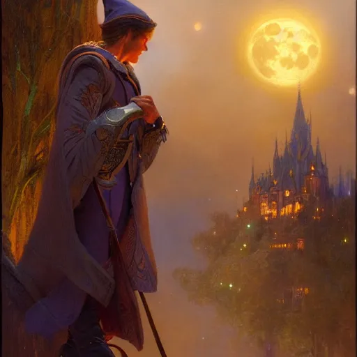 Prompt: attractive male wizard magically floating in the night, fantasy, full moon in background. highly detailed painting by gaston bussiere, craig mullins, j. c. leyendecker, mid shot, 8 k