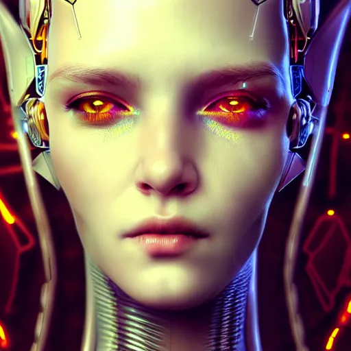 Prompt: cyberpunk robotic elvish queen, diadem on the head, extremely detailed, hyperrealistic, intricate, soft light, fantasy, digital painting, art station, perfect faces, fine details, by wlop
