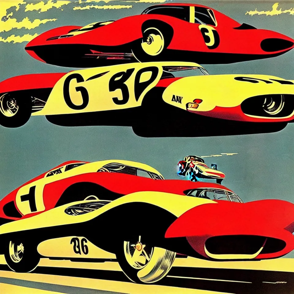 Image similar to a vintage car racing poster by alex ross