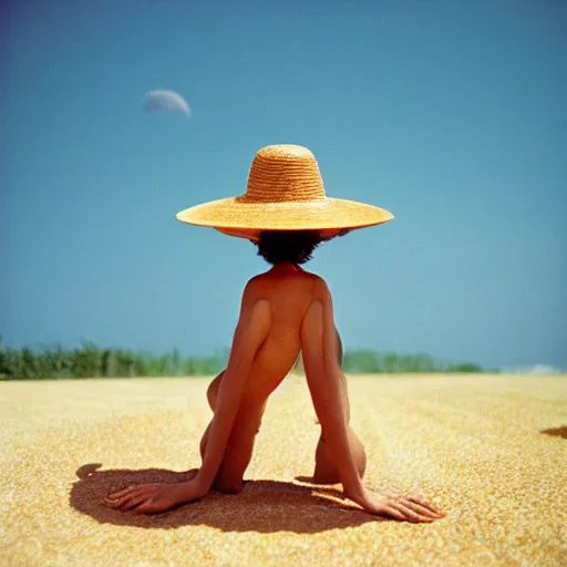 Image similar to A closeup film photography of an Alien wearing straw hat, photo bySlim Aarons, award winning, 4K