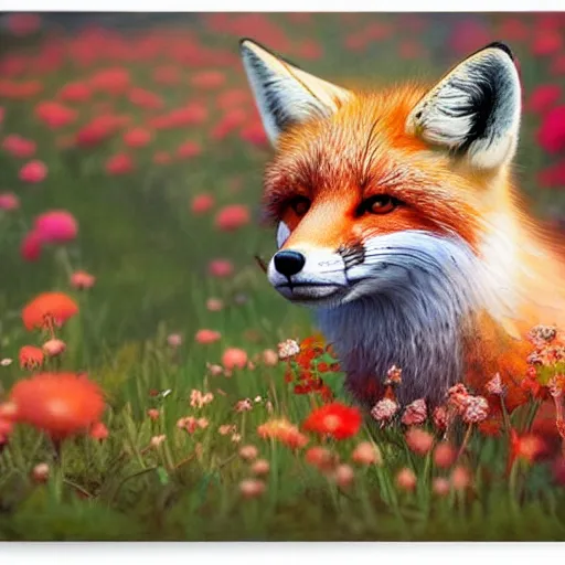 Image similar to a portrait of a cute fox in a field of beautiful flowers, by stanley lau and greg rutkowski