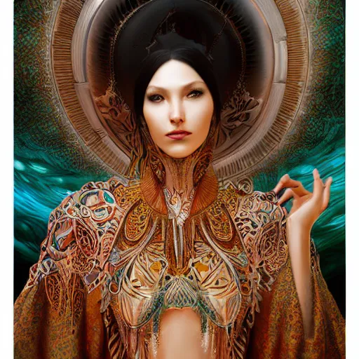 Image similar to a beautiful woman wearing algerian kaftan full body by alex gray and android jones , Karol Bak, Ayami Kojima, Amano , concept art, character design, fantasy,3D, 8k resolution