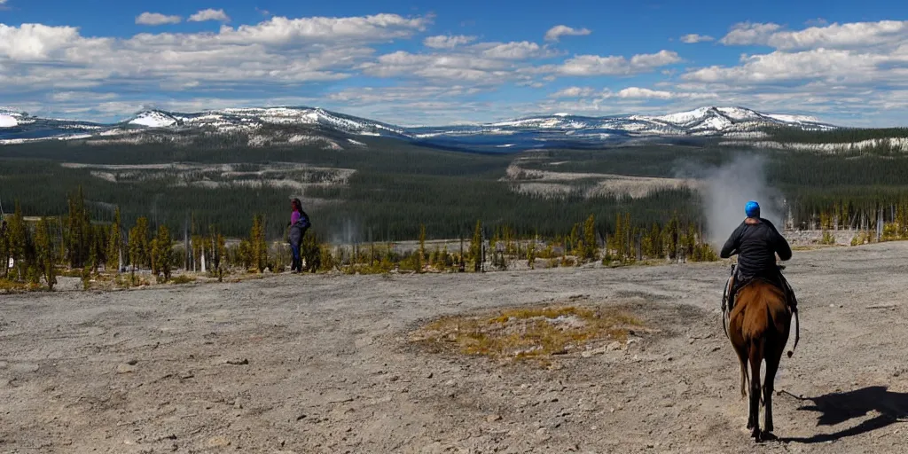 Image similar to hiker riding moose in yellowstone with prismatic spring in background