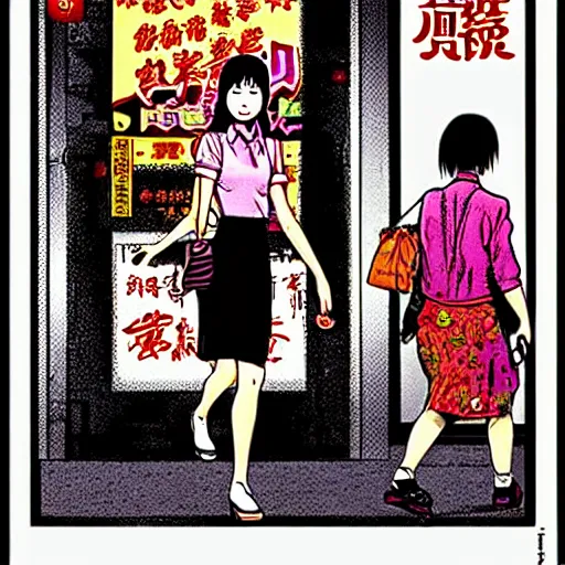 Image similar to glossy old advertising poster, young woman walking through crowded hong kong street, vendors, zombies, horror, drawn comic by junji ito, pastels, gradient