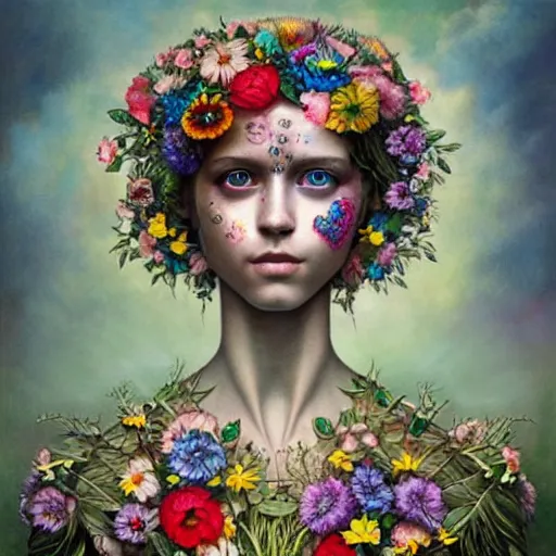Prompt: humanoid robot, flowers growing on skin, highly detailed, rainbow, trees, expressive eyes, beautiful symmetric body, perfect proportions, highly intricate, art by tom bagshaw and alex gray