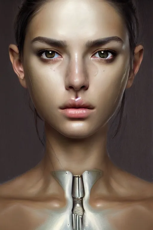 Prompt: a photorealistic painting of an attractive young girl, partially clothed in dull metal-plated battle armor, olive skin, long dark hair, beautiful bone structure, symmetric facial features, perfect eyes, natural physique, intricate, elegant, digital painting, concept art, finely detailed, illustration, sharp focus, minimal artifacts, from Metal Gear, by Ruan Jia and Mandy Jurgens and Artgerm and William-Adolphe Bouguerea, in the style of Greg Rutkowski, trending on Artstation, award winning