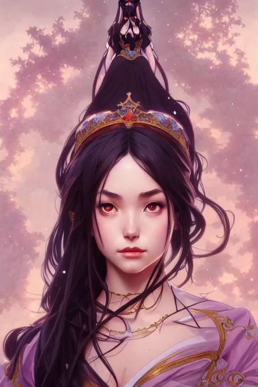 Image similar to rei hino as a princess, fantasy, intricate, elegant, highly detailed, digital painting, artstation, concept art, matte, sharp focus, illustration, art by artgerm and greg rutkowski and alphonse mucha