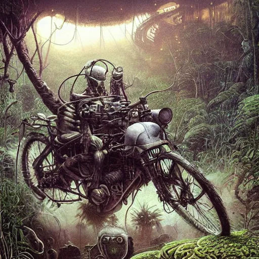 Image similar to a hyperrealistic painting of a futuristic motorcycle in the middle of an alien jungle, bioluminescent plants, by john kenn mortensen and zdzislaw beksinski, highly detailed, vivid color,