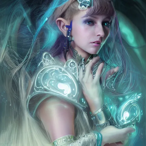 Prompt: A still of an ethereal, mysterious stunning maximalist mesmerizing elven girl from the rainbow sky paradise in Tron: Legacy (2010), high-tech, Victorian gothic lolita fashion, highly detailed, very beautiful painting by artgerm and WLOP, medium shot, cinematic lighting, concept art, artstation, D&D RPG portrait