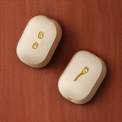 Image similar to a single beige truly wireless earbud with gold accents, beige case, studio, product photo