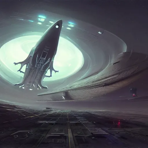 Prompt: professional ominous concept art of a sci - fi space ship touching down at a space station by artgerm and greg rutkowski. an intricate, elegant, highly detailed digital painting, concept art, smooth, sharp focus, illustration, in the style of simon stalenhag wayne barlowe, igor kieryluk.