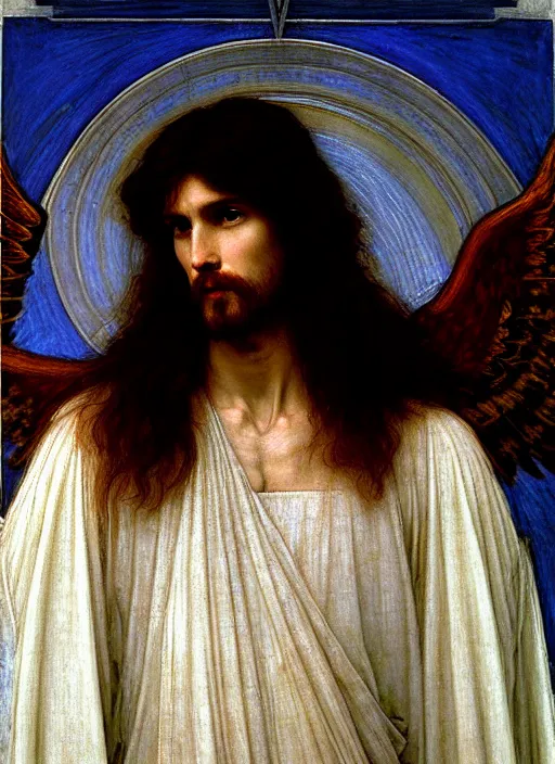 Image similar to portrait of beautiful male archangel in white robes with blue light streaming down from heaven, pre - raphaelite painting by john william waterhouse, trending on artstation. highly detailed, symmetrical face.
