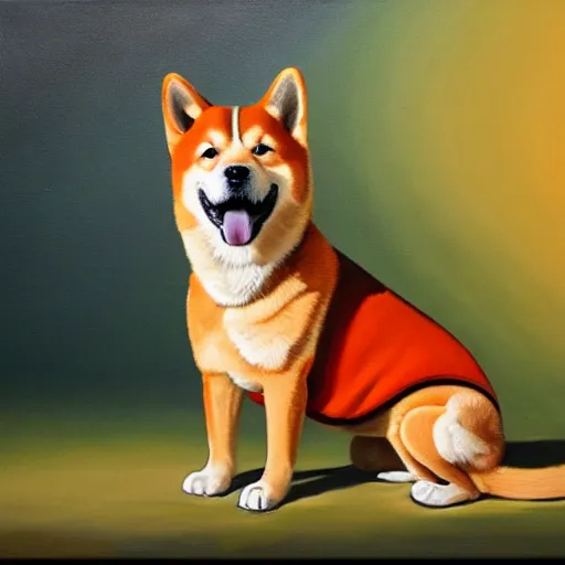 Image similar to oil painting of a shiba inu dog wearing a sombrero, orange background