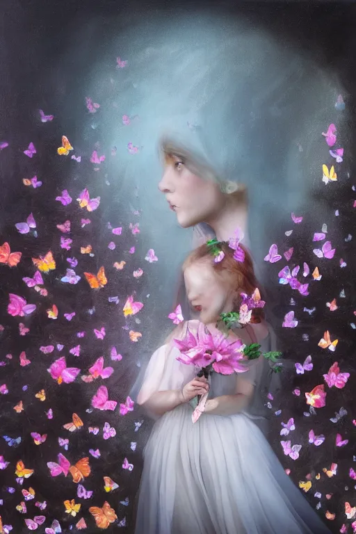 Prompt: oil painting, gray, pink, contrast, firefly lights, water droplets, underground cave, transparent stones, in the distance redheaded flower girl and dress of living flowers, butterflies of flowers, roses, lilies, jets, overhead light, high quality octane render 4 k, 8 k
