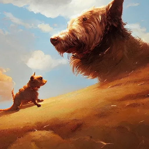 Image similar to the side view of the head of a dog, a little terrier, looking up a huge dragon flying overhead, beautiful fantasy painting by greg rutkowski