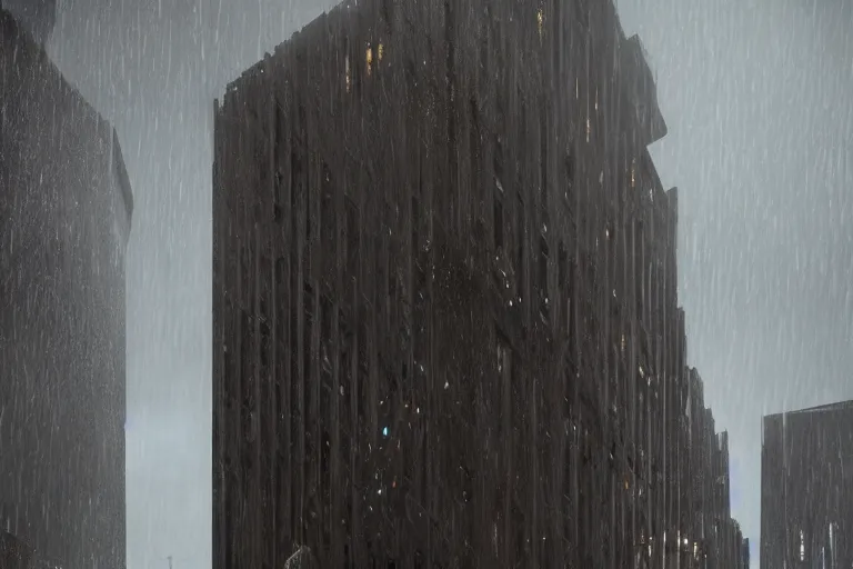 Image similar to a towering cathedral of brutalist architecture, metal, concrete, mist, rain, night, dramatic lighting, lightning bolt, trending on Artstation, 8k, highly realistic, hyper detailed, unreal engine 5, IMAX quality, realistic, cinematic, epic lighting, realistic, in the style of Greg Rutkowski