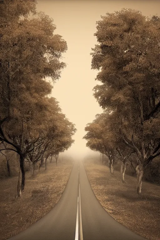 Image similar to sepia photo of a road with no end, dust smog in background, photorealistic, tonemapped