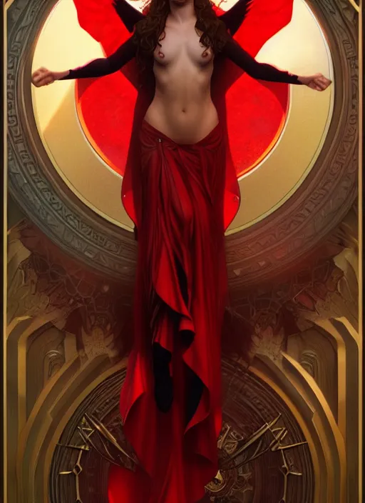 Image similar to Scarlet Witch as Lucifer morningstar Au Naturel, full body, hyper realistic, trending on artstation, art by Alphonse Mucha and J. C. Leyendecker and Edmund Bliar Leighton and Charlie Bowater, unreal engine render, octane render