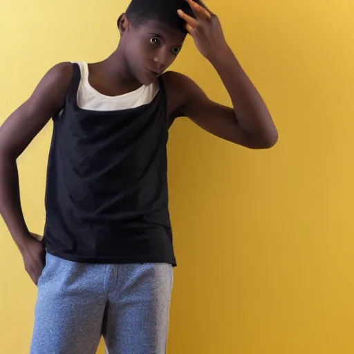 Image similar to black teenage boy wearing a white tank top, standing in a room with yellow walls and brown carpet