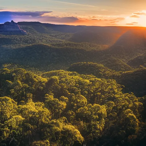 Prompt: the sunrise reveals what's beyond the blue mountains of Yavin 5, landscape photography 4k