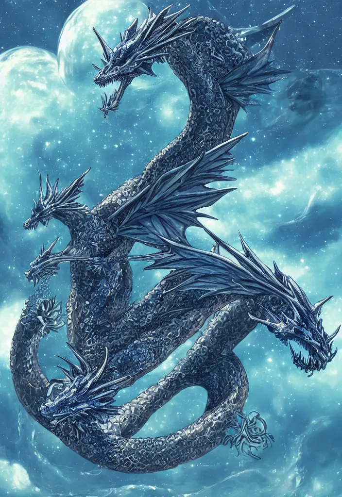 Image similar to hyper-realistic symmetric dragon made of water with wings made of stars in space, holding the earth