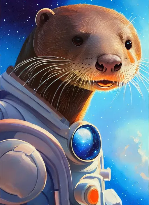 Image similar to a portrait of a cute otter in a space suit, galaxy, detailed, artstation, painting by rhads