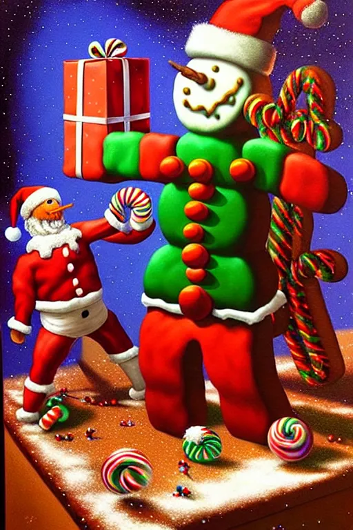 Image similar to a hyperrealistic painting of a 3 d christmas nightmare isometric gingerbread man vs snowman boss fight, cinematic horror by chris cunningham, lisa frank, richard corben, highly detailed, vivid color,