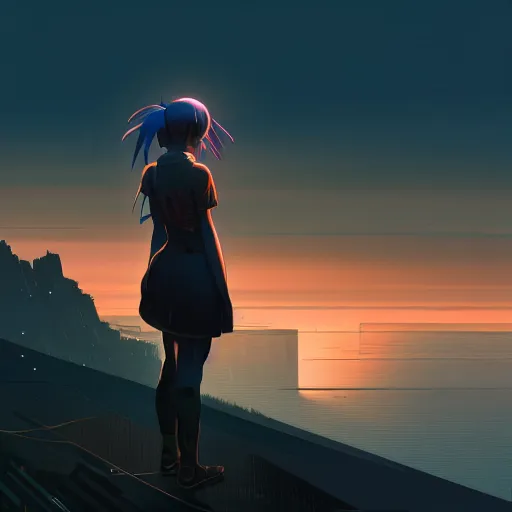 Image similar to A cyborg girl standing on the hill looking at the sea with a sunset in style of Makoto Shinkai and Cyberpunk. ArtStation, 8K, Highly Detailed, Intricate, Album Art.