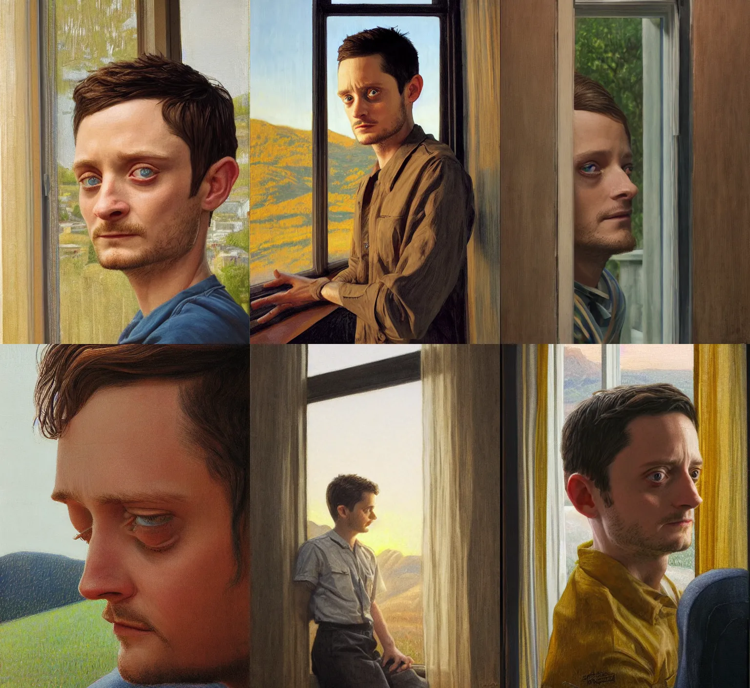 Prompt: Elijah Wood looking out the kitchen window, detailed face, golden hour, by Kenne Gregoire