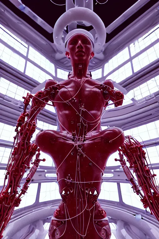 Image similar to , high detailed space station interior, a statue jesus on cross made of red marble, perfect symmetrical body, full body shot, inflateble shapes, wires, tubes, veins, white biomechanical, wearing epic bionic cyborg implants, masterpiece, intricate, biopunk, vogue, highly detailed, artstation, concept art, cyberpunk, octane render