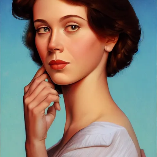 Prompt: a beautiful portrait of a young woman with a short brown hair by greg hildebrandt