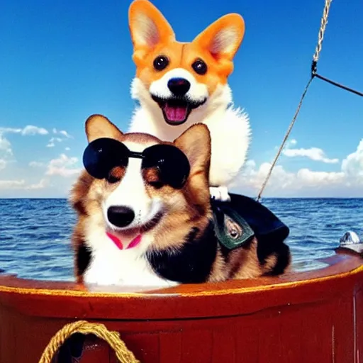 Image similar to a pirate corgi, corgi on a pirate ship in the sea