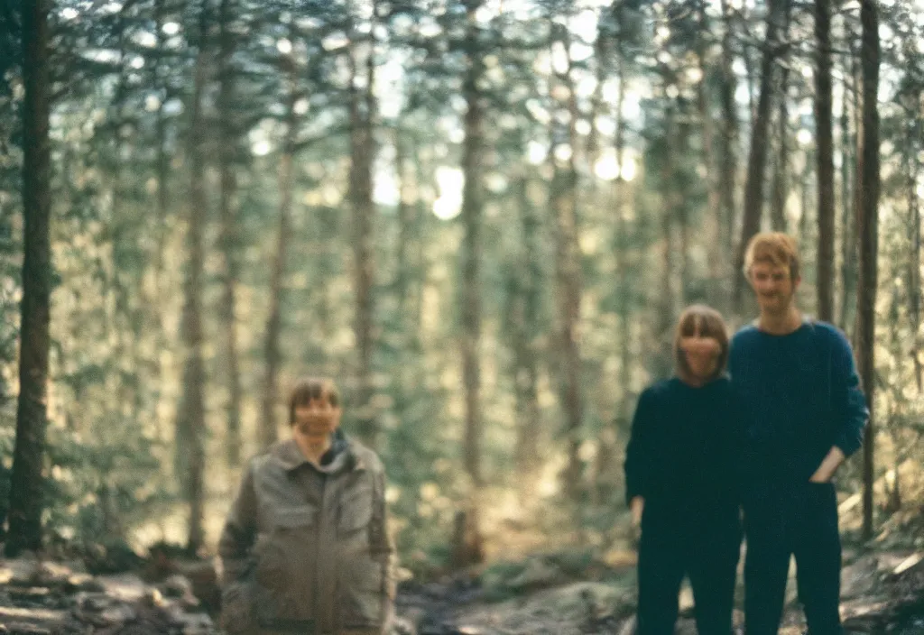 Image similar to lomo photo of two humans standing in front of a large cabin, cinestill, bokeh, out of focus, day, dramatic lighting